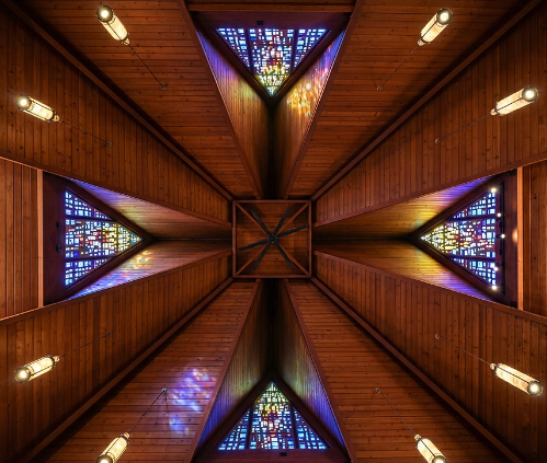 Restored stained glass windows in the ceiling of the Mother Cabrini Shrine