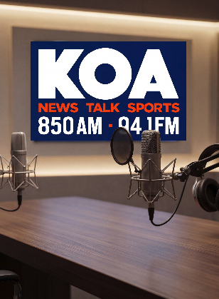 KOA 850 AM radio studio with microphones in front of the station sign