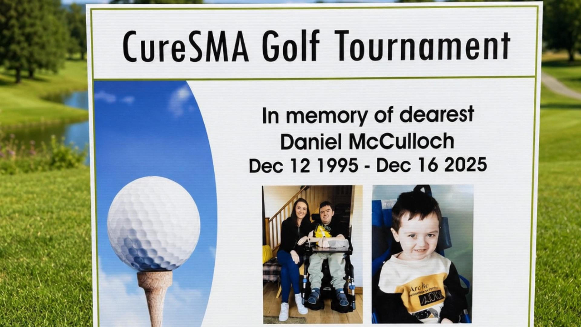 CureSMA Golf Tournament sign in memory of Daniel McCulloch
