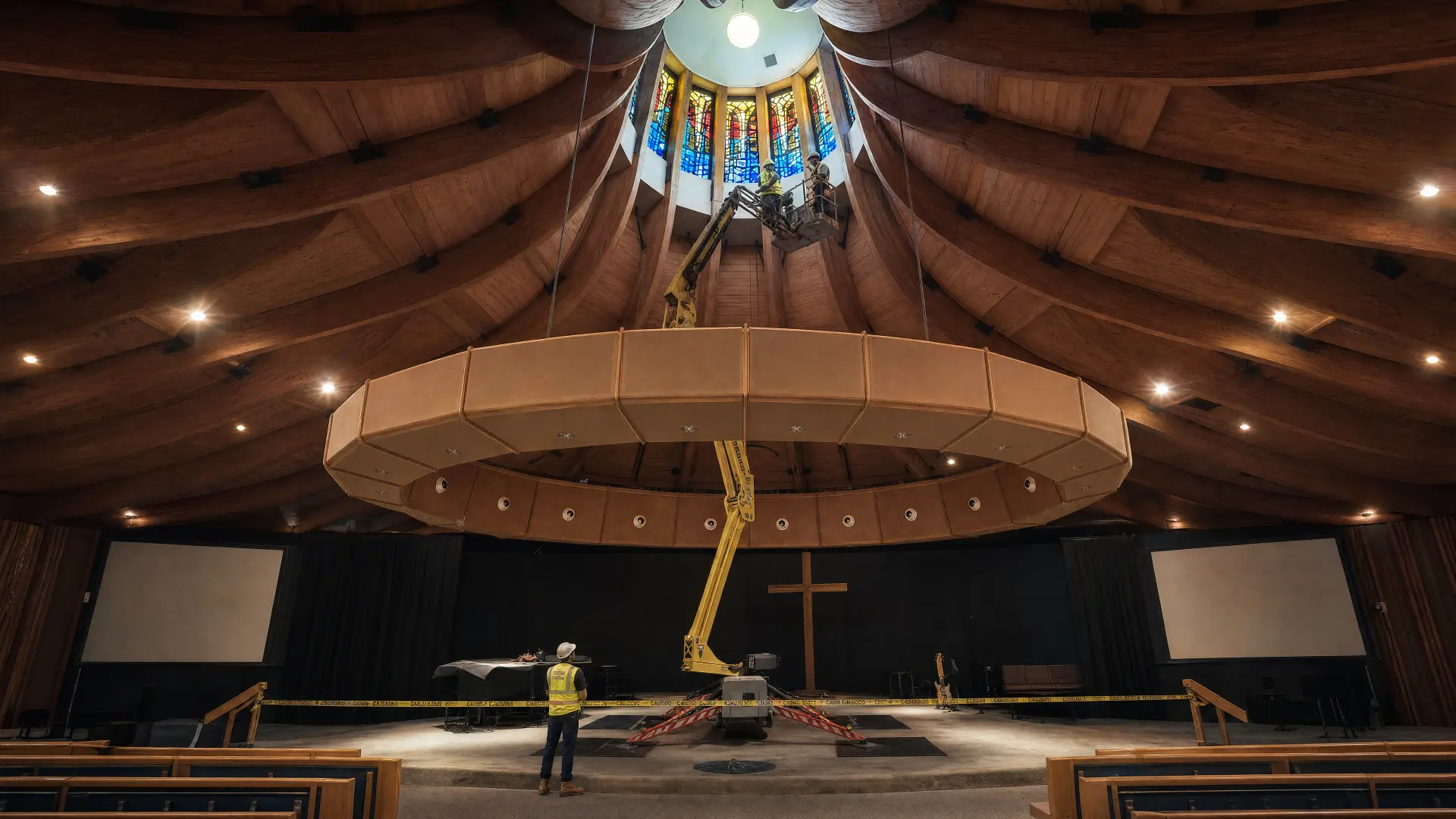 Restoration crew on a lift beneath the circular timber sanctuary of Nexus Church, working on stained glass high above the floor