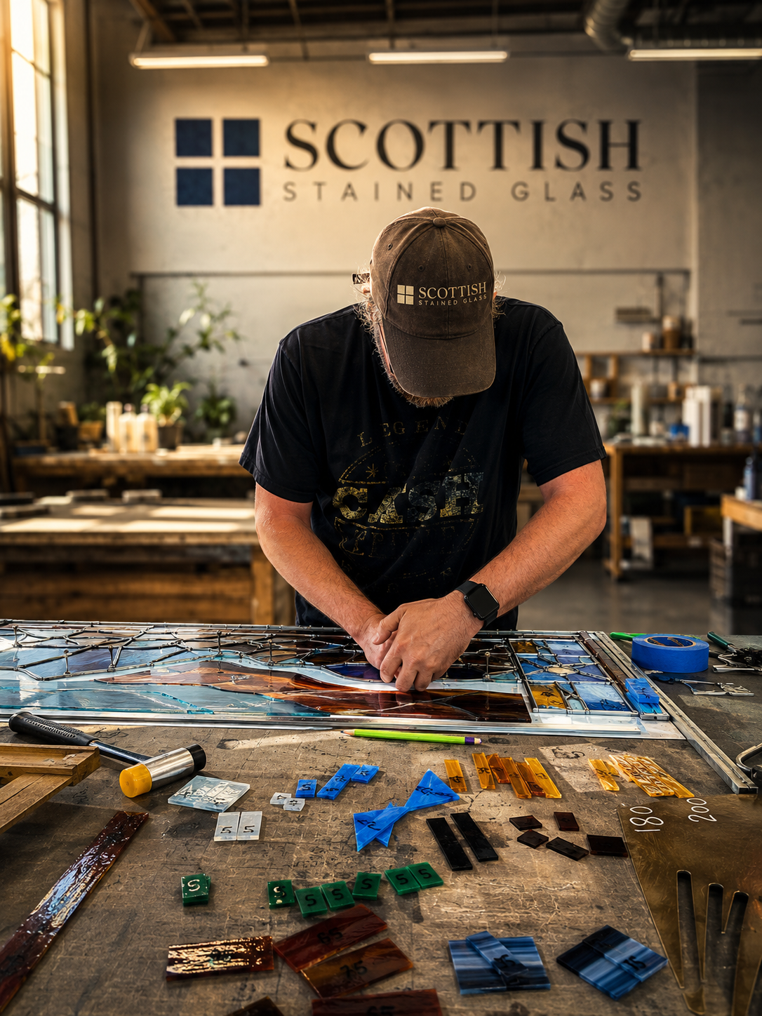Scottish Stained Glass craftsperson working on a stained glass panel in the workshop.